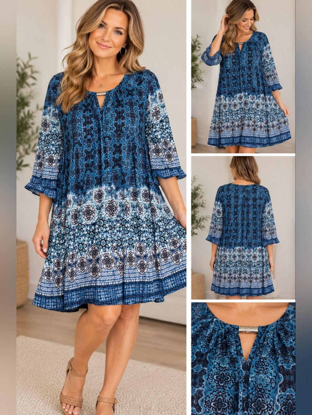 New directions Women's XL blue floral knee length dress #26